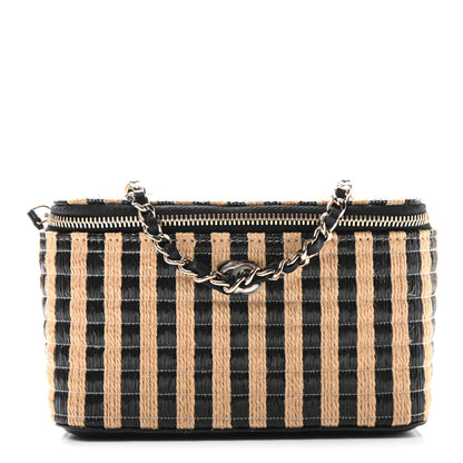 Chanel Raffia Jute Striped Small Vanity Case With Chain Black Beige 1 of 11