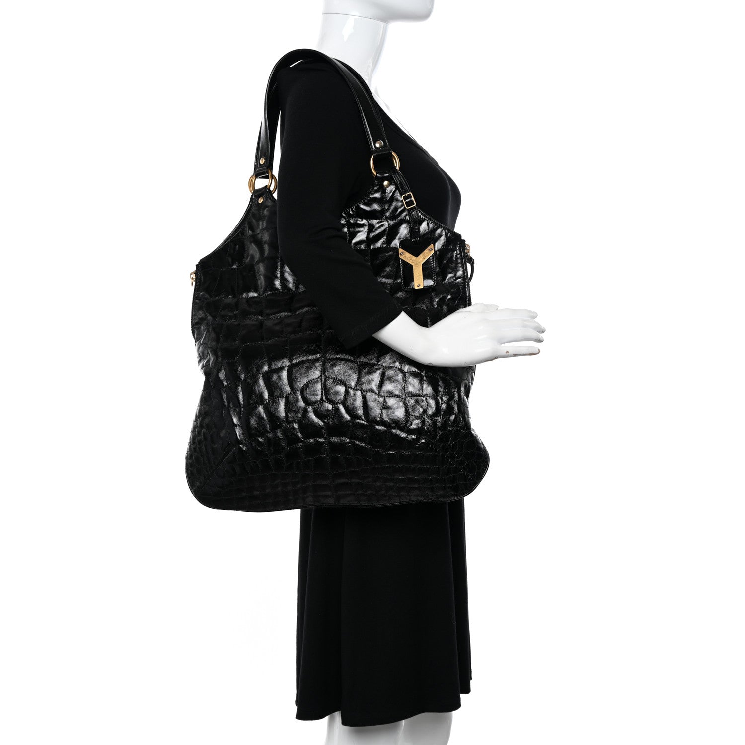 Saint Laurent Patent Crocodile Embossed Tribute Tote Black 2 of 15