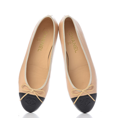 Chanel Lambskin Cap Toe CC Ballerina Flats 38 Beige Black 15 of 16