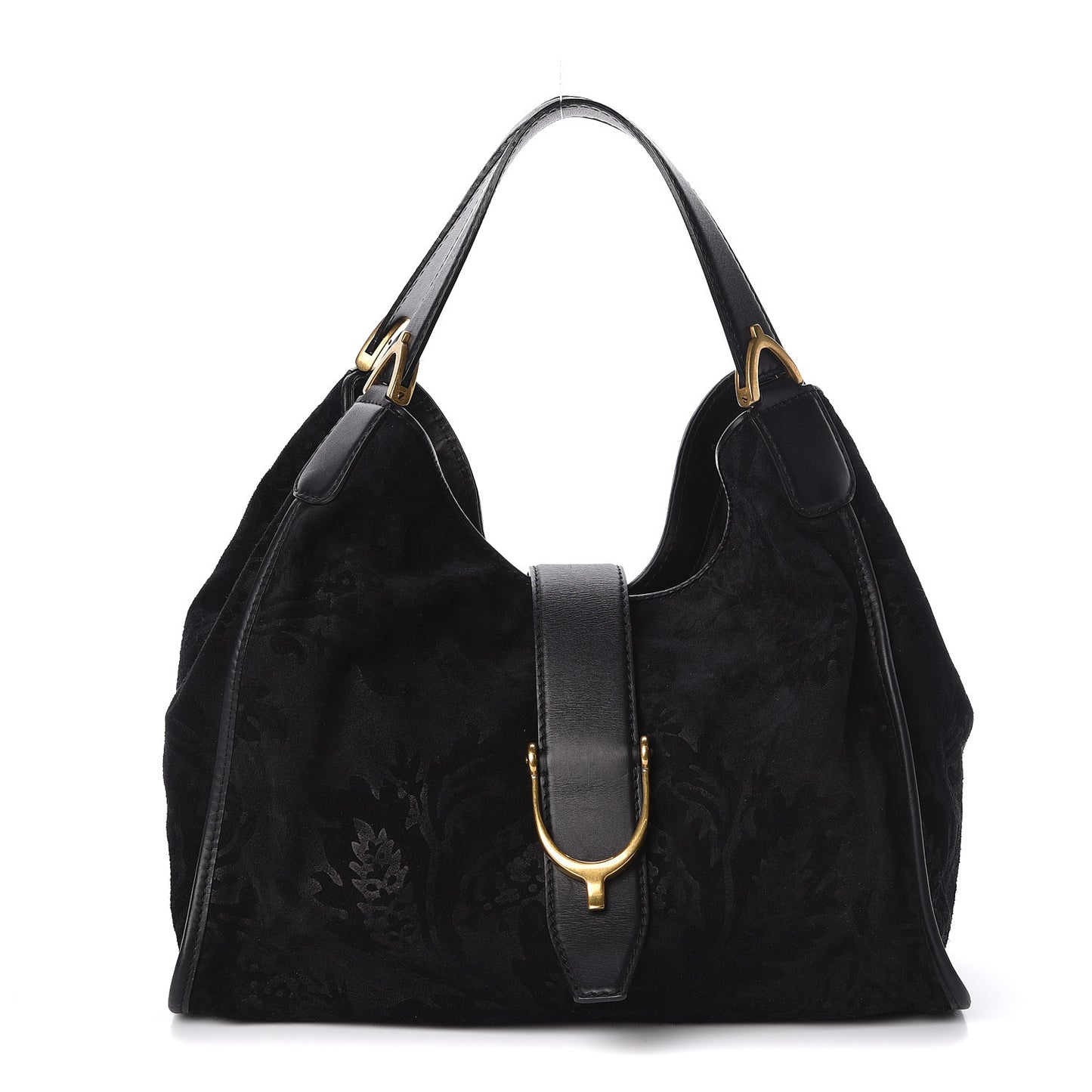 Nubuck Brocade Medium Soft Stirrup Shoulder Bag Black