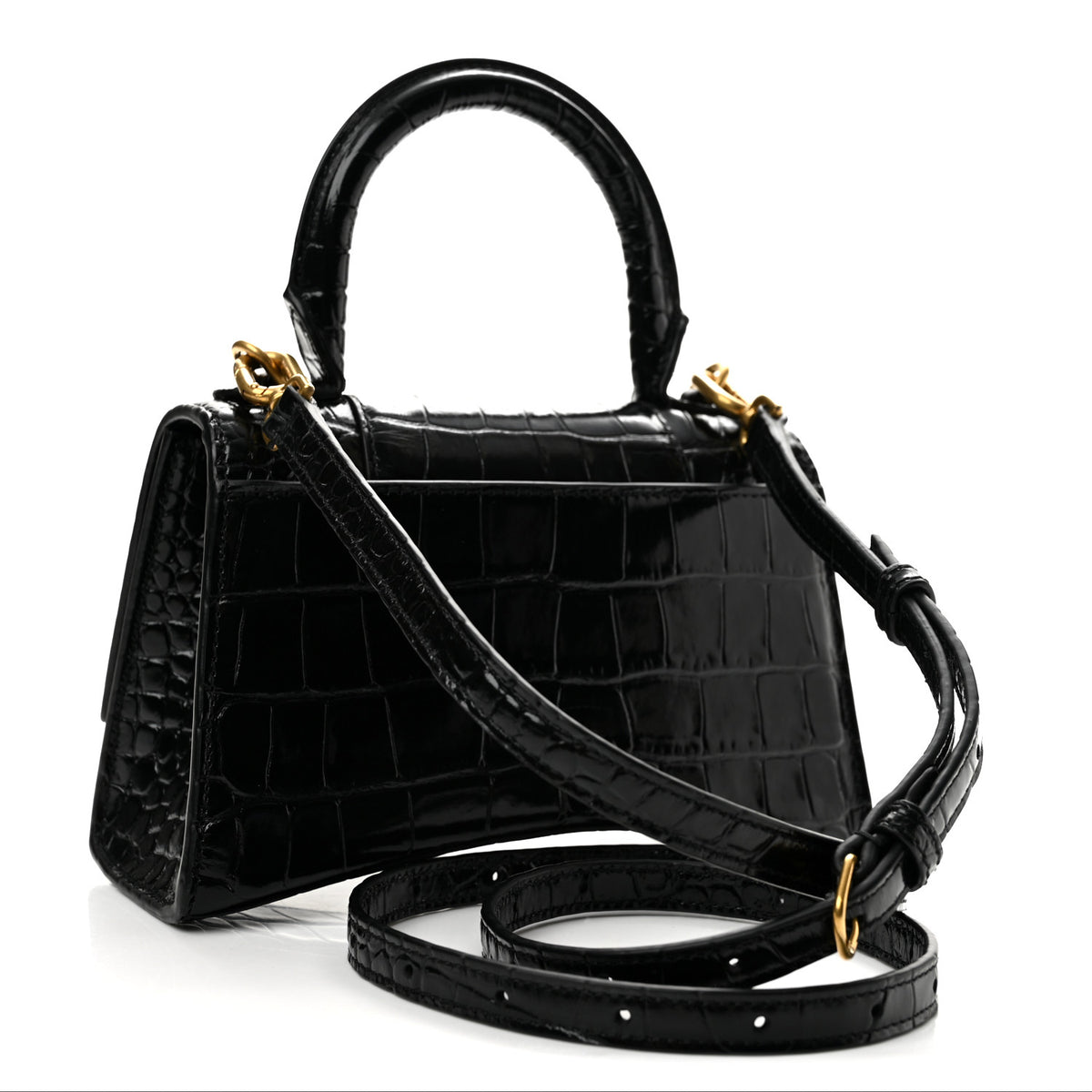 Shiny Calfskin Crocodile Embossed Hourglass Top Handle Bag XS Black