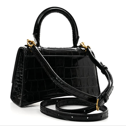Balenciaga Shiny Calfskin Crocodile Embossed Hourglass Top Handle Bag XS Black 3 of 12