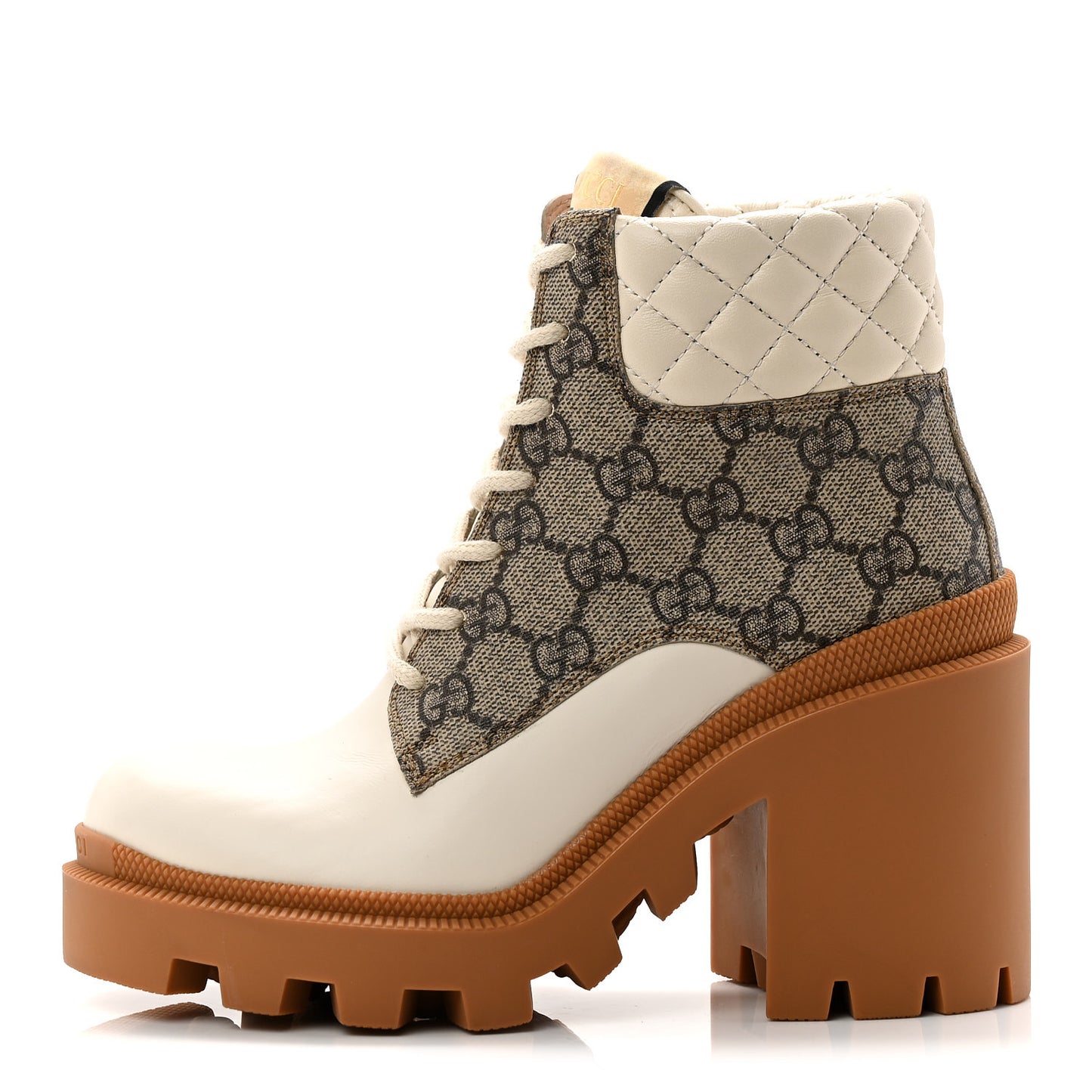 Calfskin GG Supreme Monogram Nappa Quilted Lace Up Ankle Boots 35 Mystic White Beige