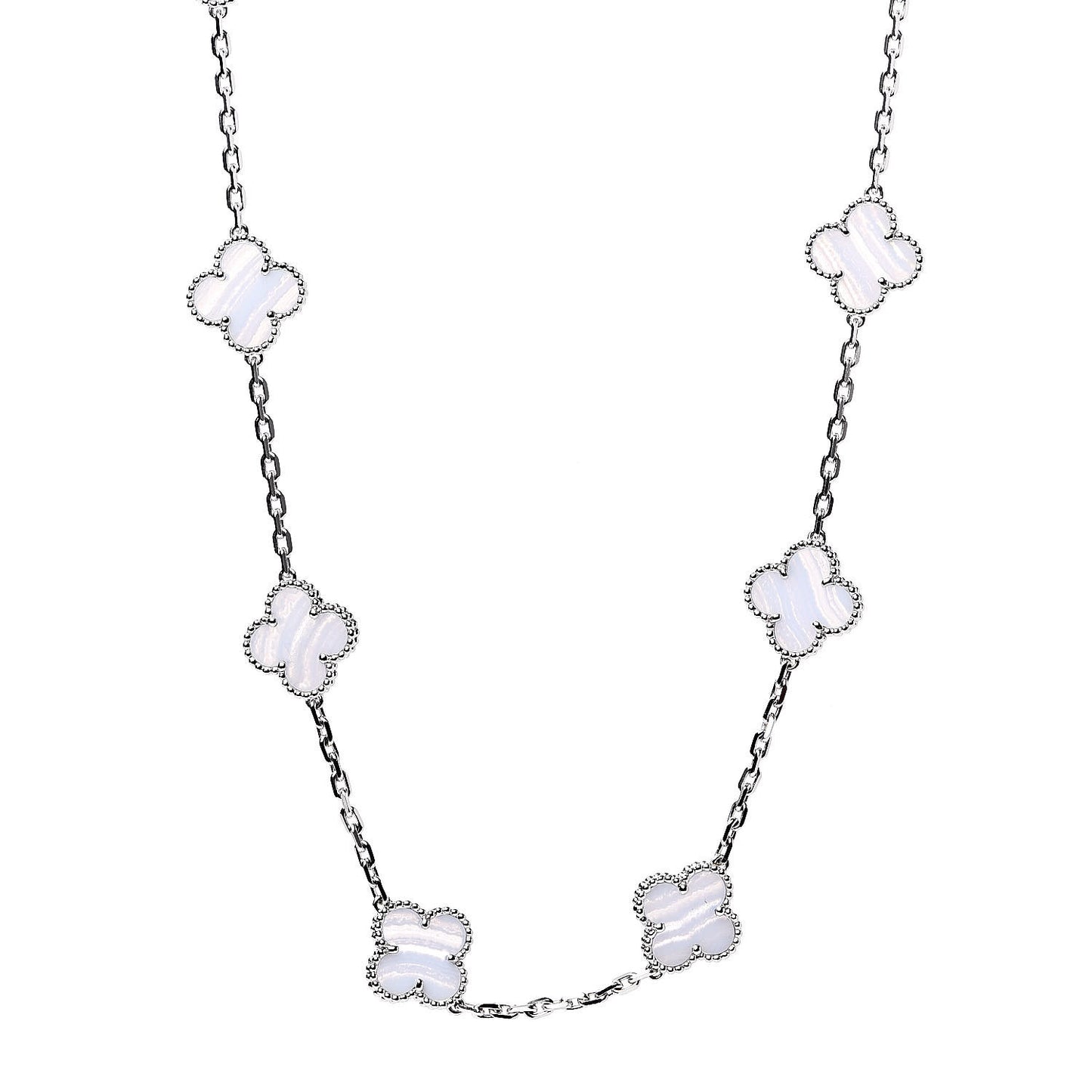 18K White Gold Chalcedony 10 Motifs Vintage Alhambra Necklace