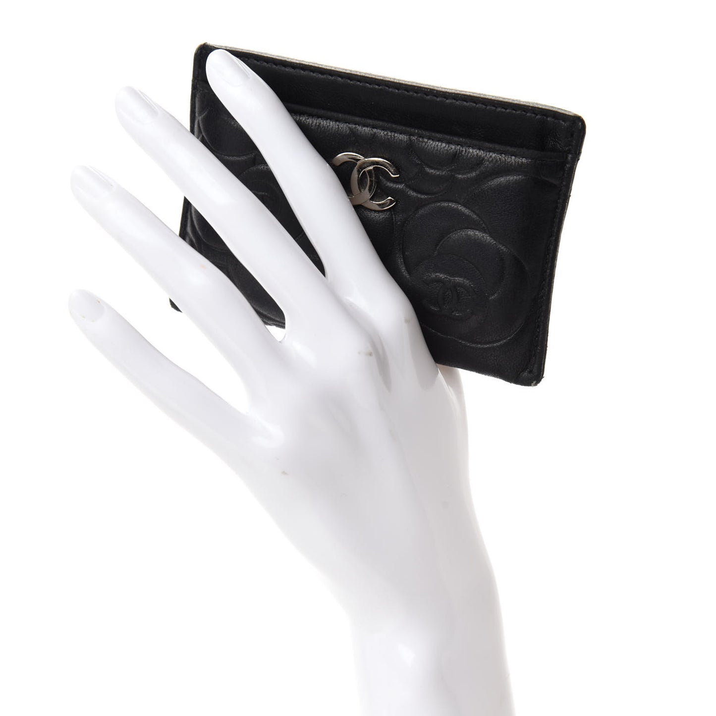Lambskin Camellia Embossed Card Holder Black