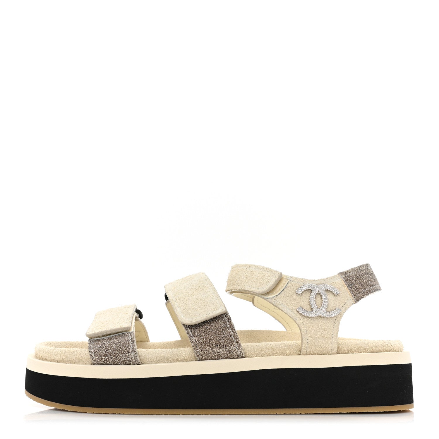 Chanel Suede Calfskin Velcro Flat Sandals 39 Ecru Dark Beige 1 of 9