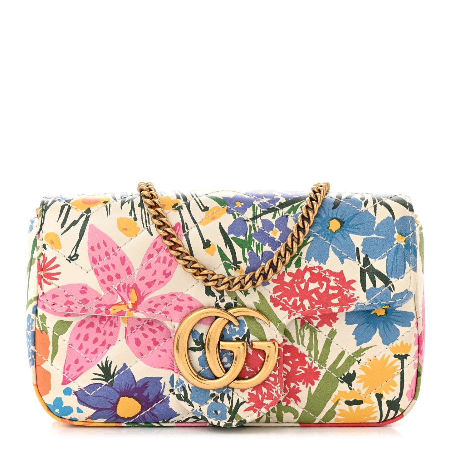 X KEN SCOTT Calfskin Matelasse Floral Print Super Mini GG Marmont Shoulder Bag Ivory Pink