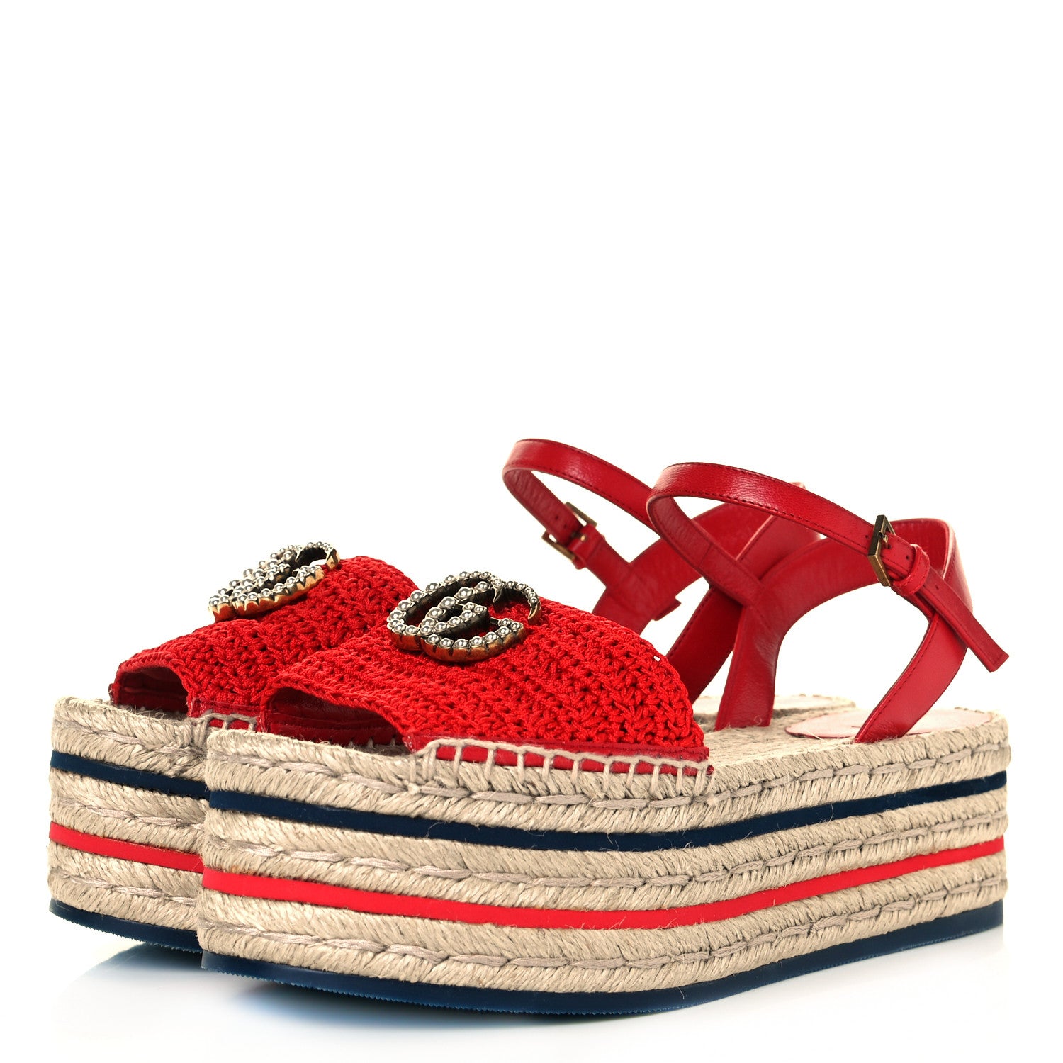 Gucci Cotton Malaga Kid Crochet Pearly GG Lilibeth Espadrille Platform Sandals 37 Hibiscus Red 3 of 10