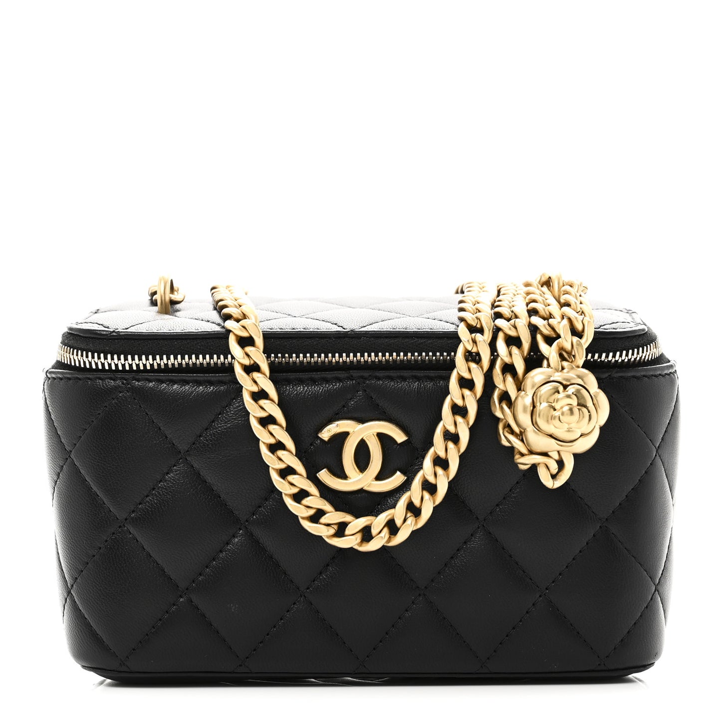 Lambskin Quilted Sweet Camellia Small Vanity Case With Chain Black