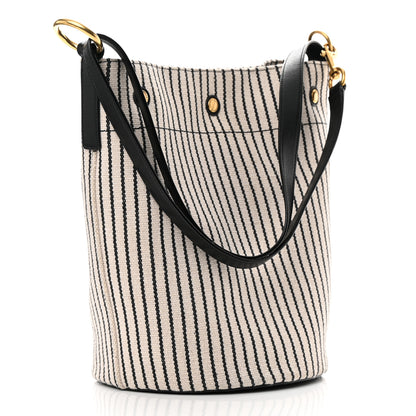 Saint Laurent Linen Calfskin Striped Rive Gauche Bucket Bag Grey Cream Black 4 of 15