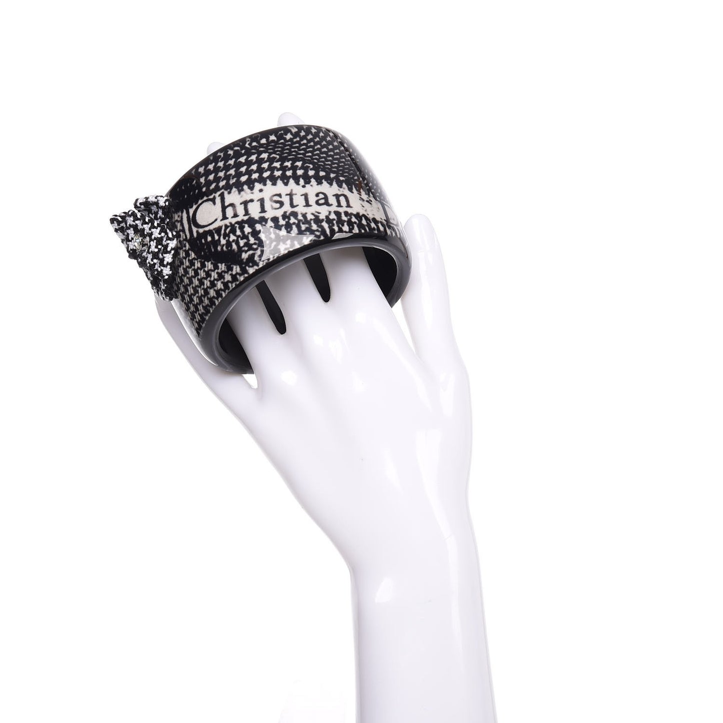 Resin Tweed Crystal Houndstooth Print Wide Bracelet Black