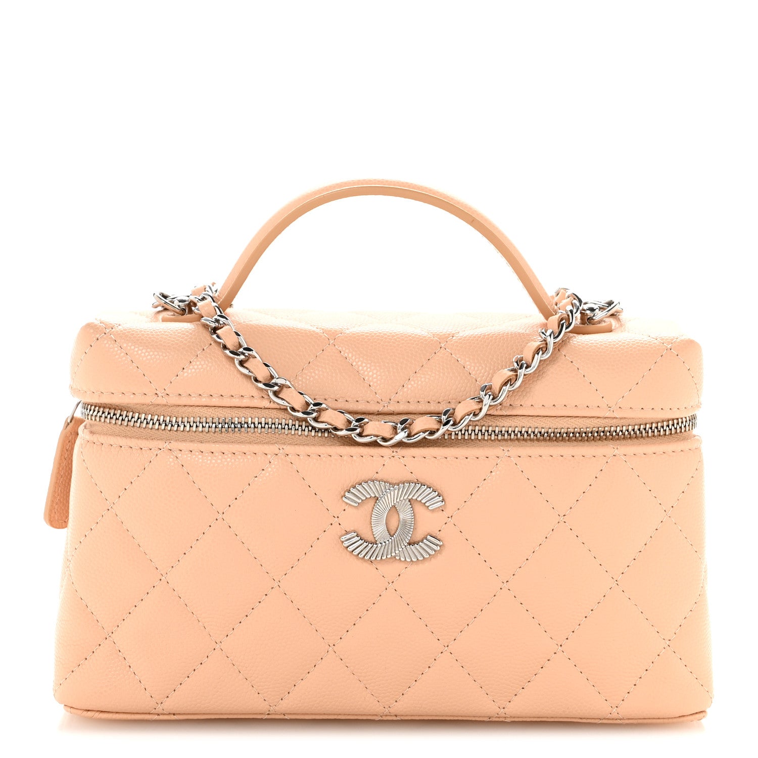 Chanel Caviar Quilted Ridged CC Top Handle Slim Vanity Case With Chain Beige 1 of 10