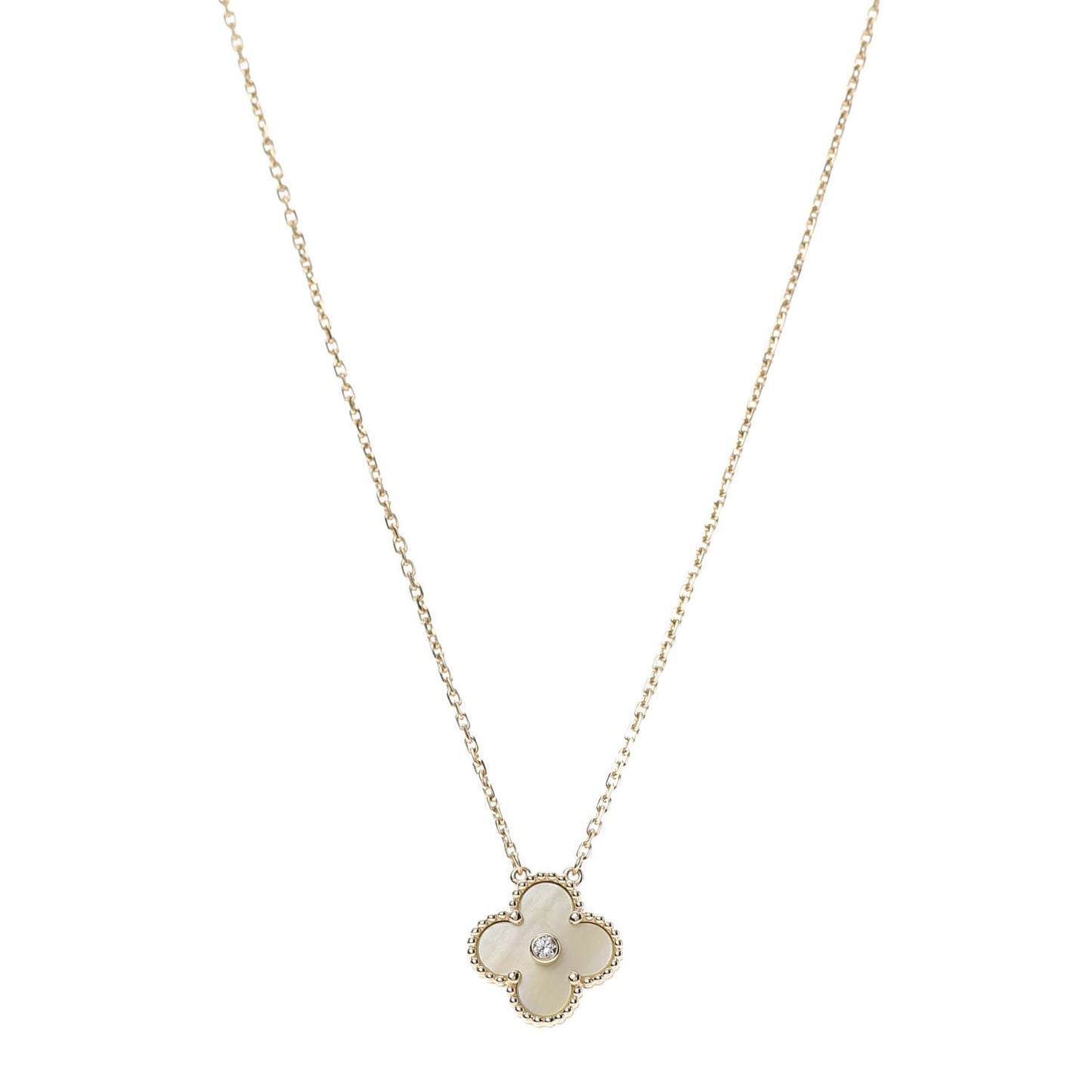 18K Yellow Gold Diamond Yellow Mother of Pearl Vintage Alhambra Pendant Necklace
