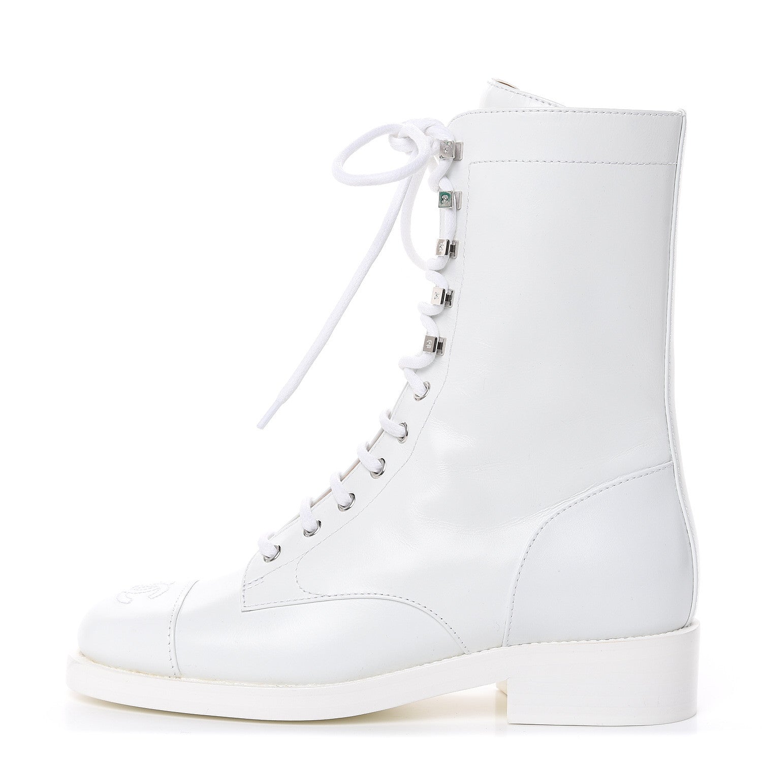 Chanel Calfskin CC Lace Up Boots 37.5 White 1 of 9