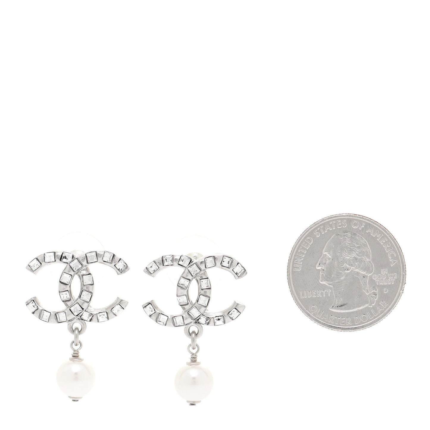 Crystal Baguette Pearl CC Drop Earrings Silver