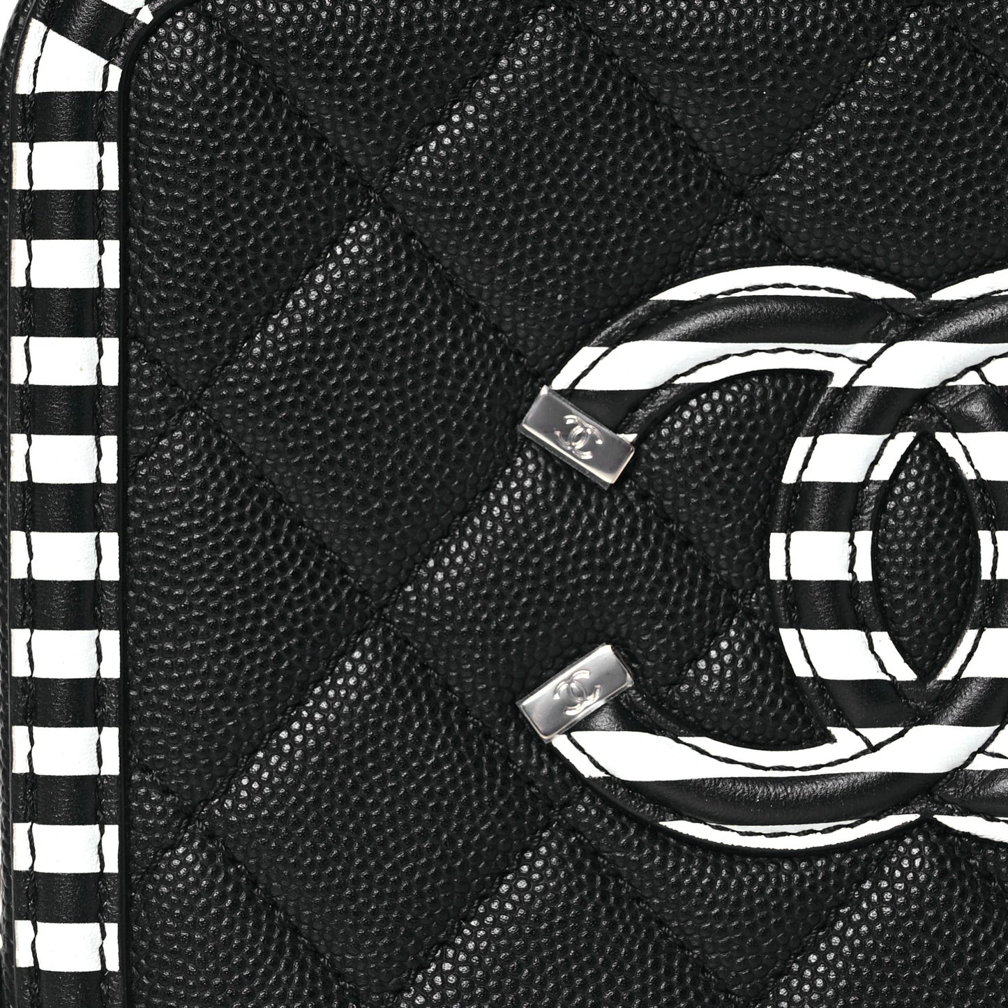 Caviar Quilted Striped Small CC Filigree Vanity Case Black White