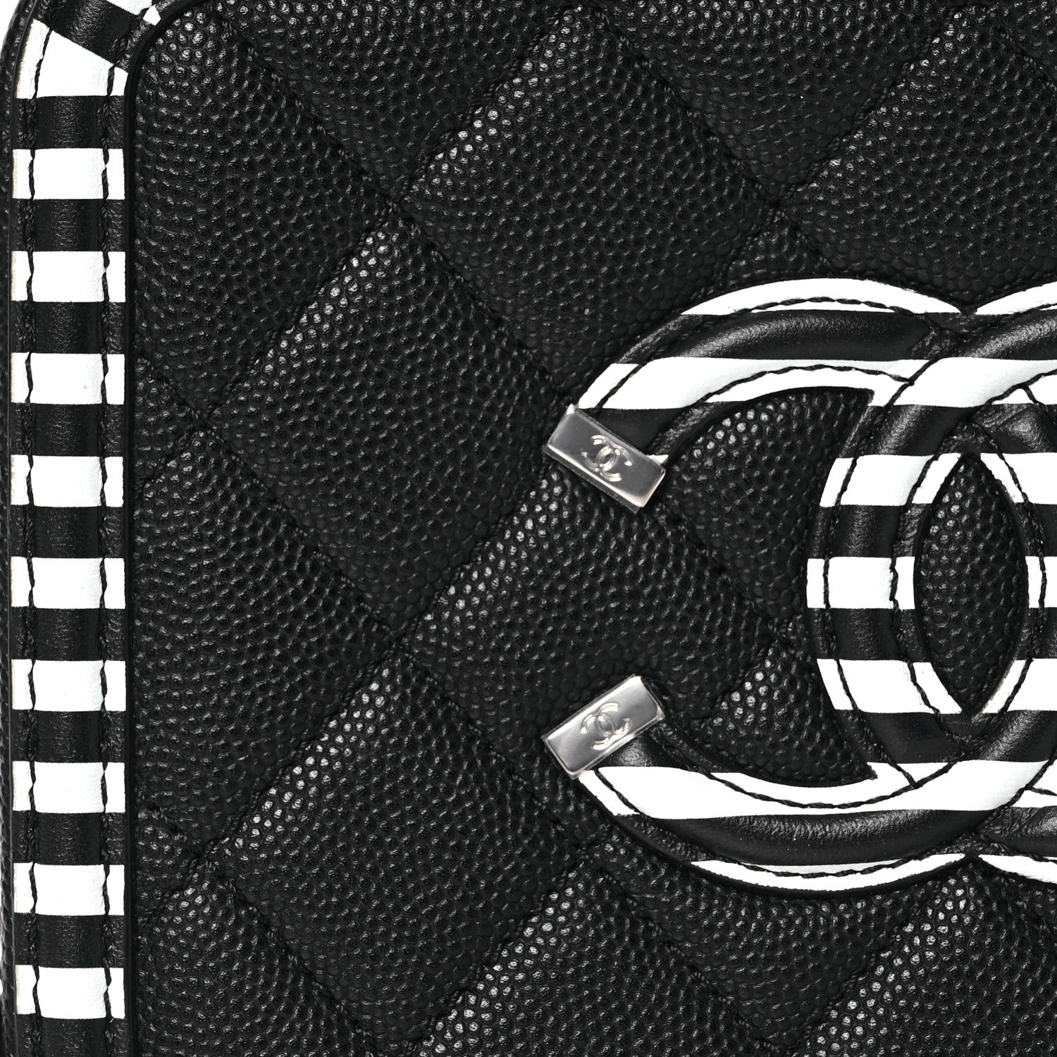 Chanel Caviar Quilted Striped Small CC Filigree Vanity Case Black White 9 of 15