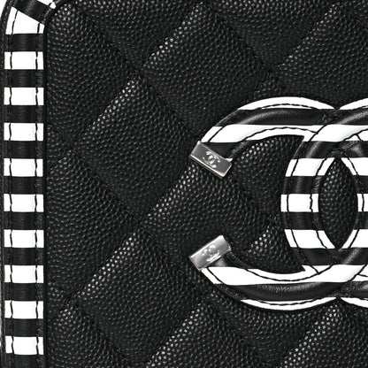 Chanel Caviar Quilted Striped Small CC Filigree Vanity Case Black White 9 of 15
