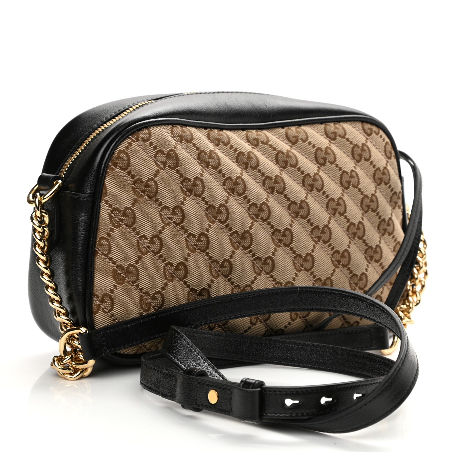 Gucci Monogram Matelasse Diagonal Small GG Marmont Chain Shoulder Bag Beige Black 3 of 10