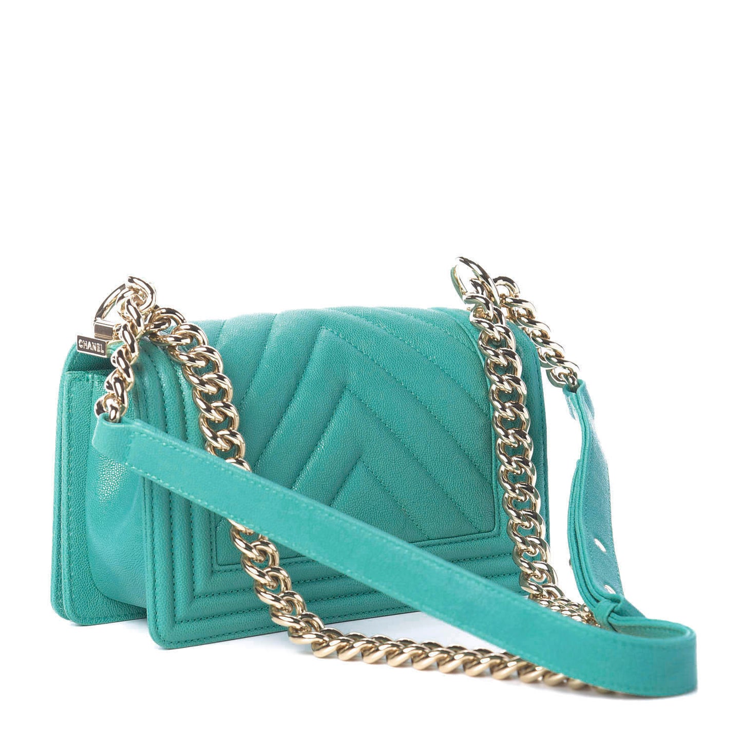 Caviar Chevron Quilted Small Boy Flap Green