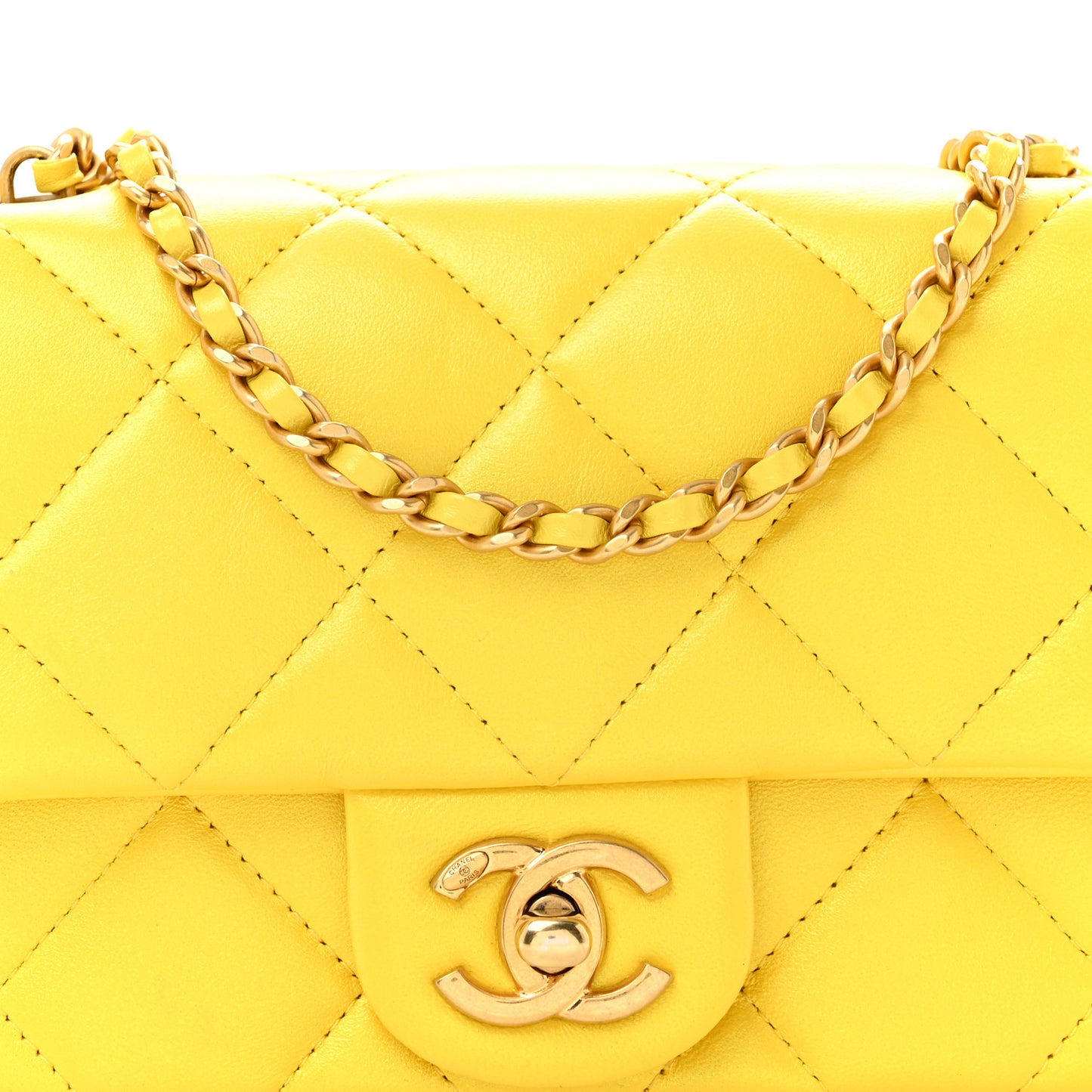 Pearly Lambskin Pearl Quilted Mini Flap Yellow