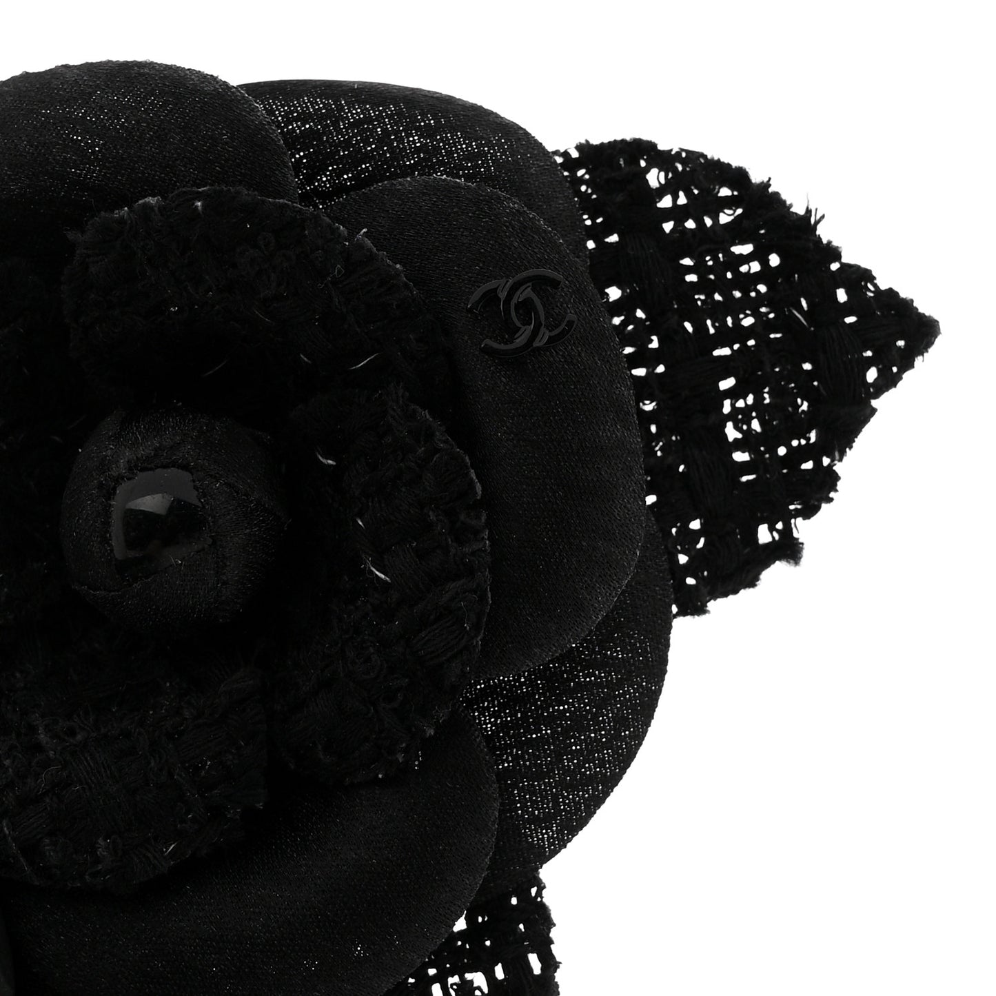 Tweed Fabric Camellia Pin Brooch Black