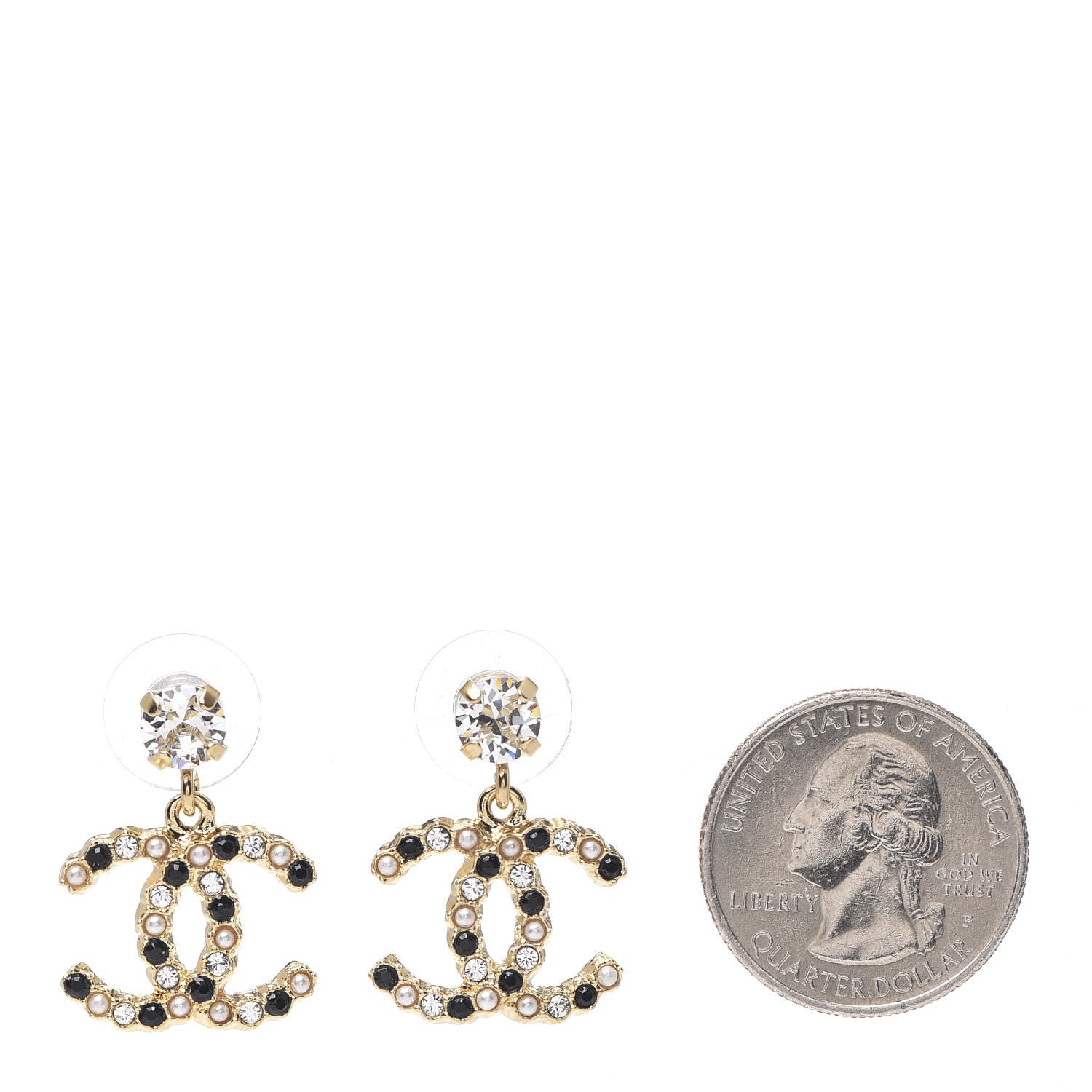 Chanel Resin Crystal Pearl CC Drop Earrings Gold Black 2 of 4