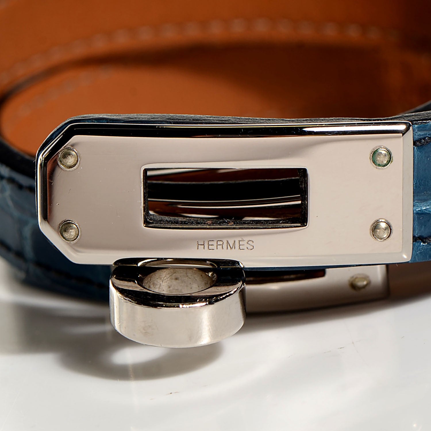 Hermes Shiny Alligator Kelly Double Tour Bracelet Small Blue Jean 6 of 7