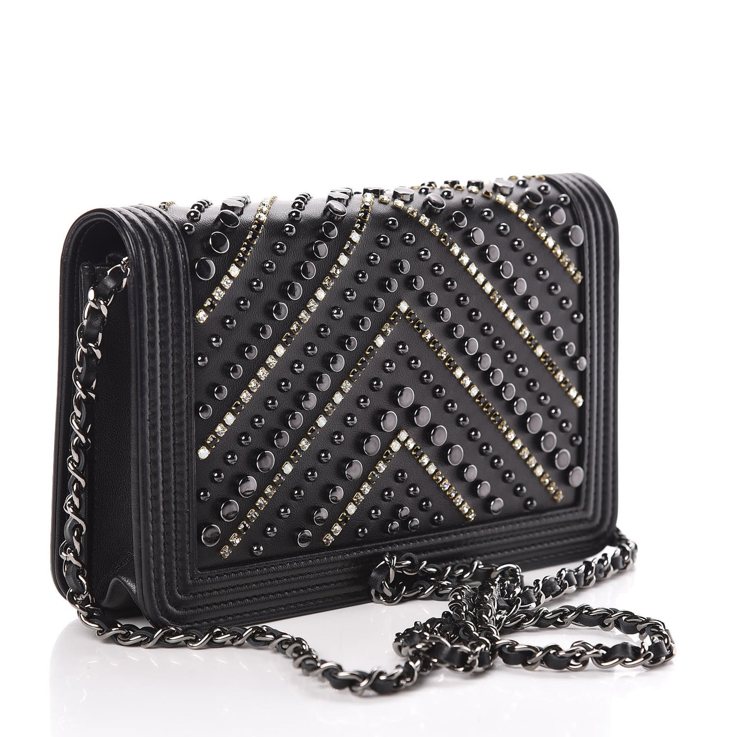 Calfskin Crystal Studded Chevron Boy Wallet On Chain WOC Black