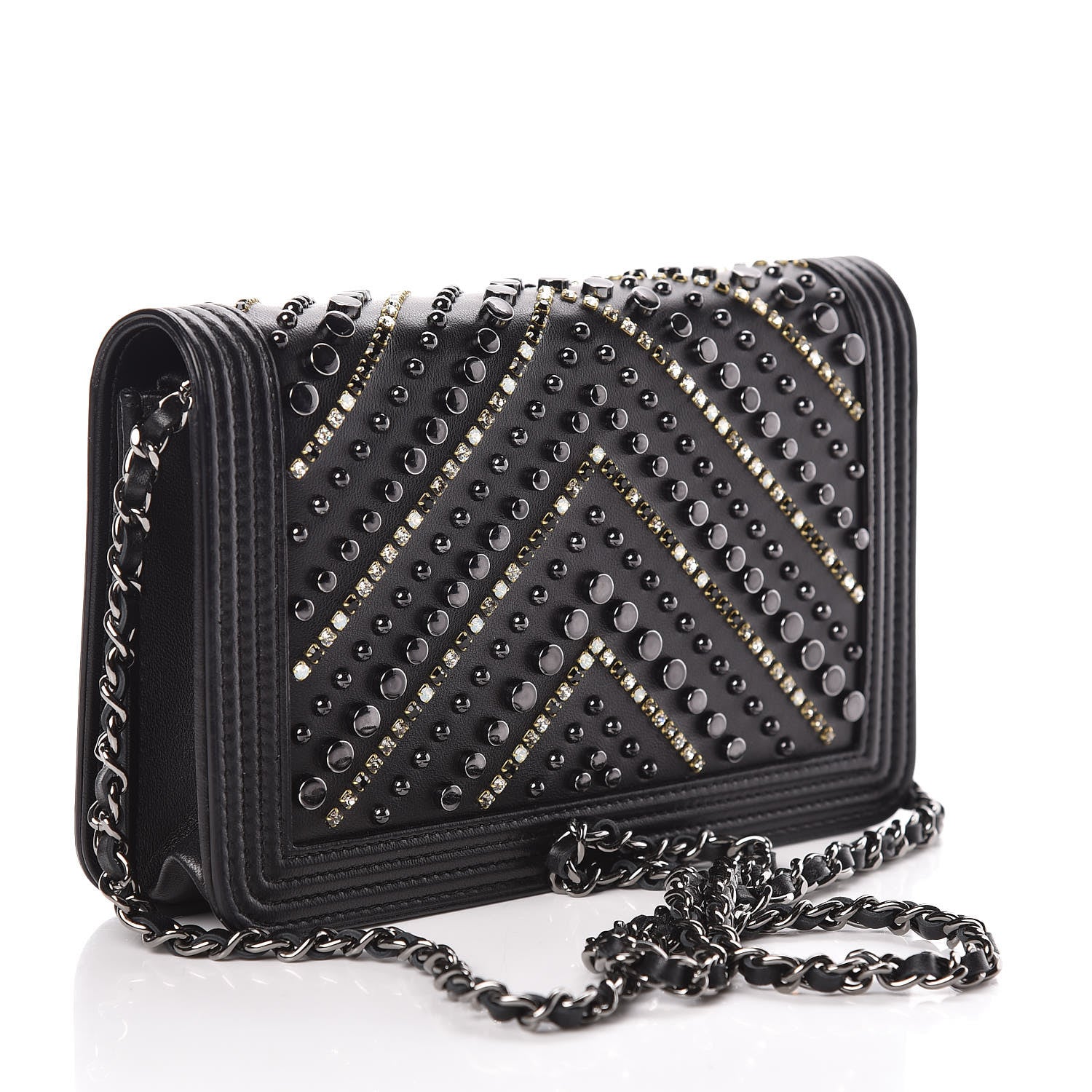 Chanel Calfskin Crystal Studded Chevron Boy Wallet On Chain WOC Black 3 of 17