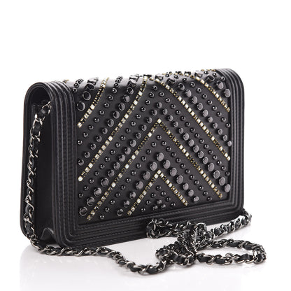 Chanel Calfskin Crystal Studded Chevron Boy Wallet On Chain WOC Black 3 of 17