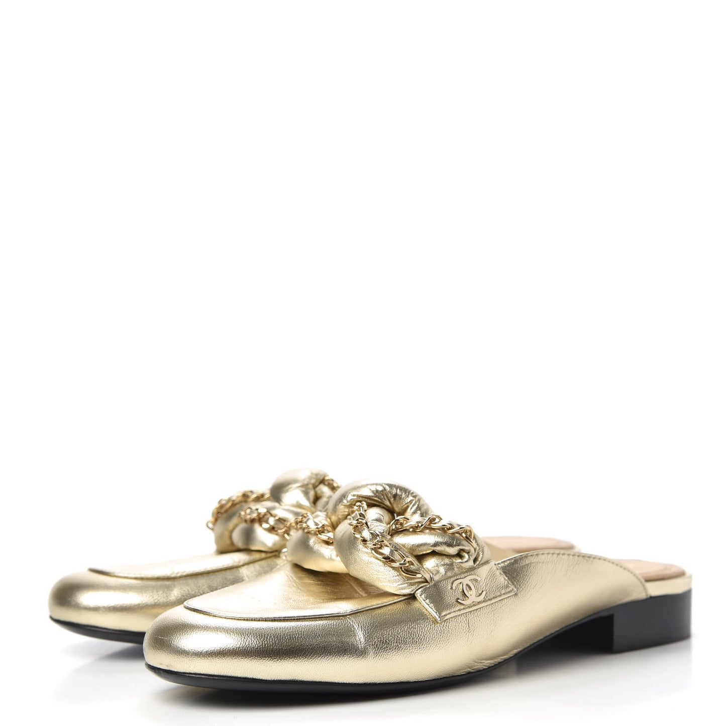 Metallic Lambskin Chain Braided Mules 39.5 Light Gold