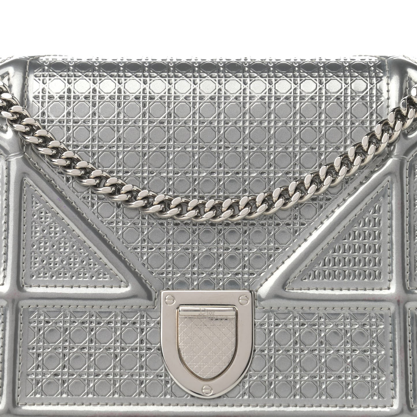 Metallic Patent Micro-Cannage Diorama Wallet on Chain Pouch Silver