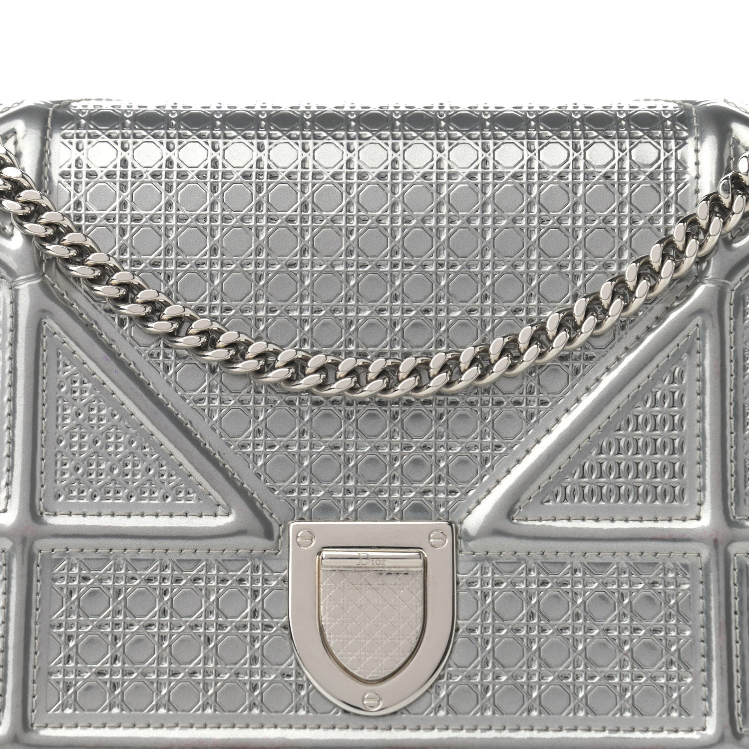 Christian Dior Metallic Patent Micro-Cannage Diorama Wallet on Chain Pouch Silver 7 of 12