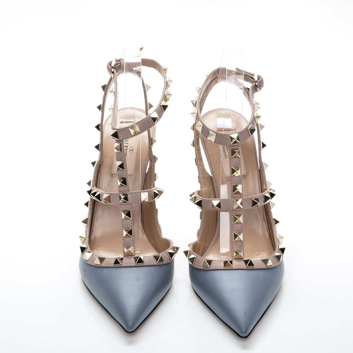 Calfskin Nappa Rockstud Ankle Strap 100mm Pumps 39.5 Grey Blue Poudre