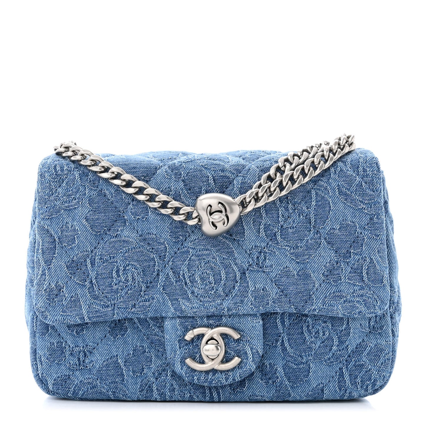 Denim Quilted Camellia Sweetheart Mini Flap Blue