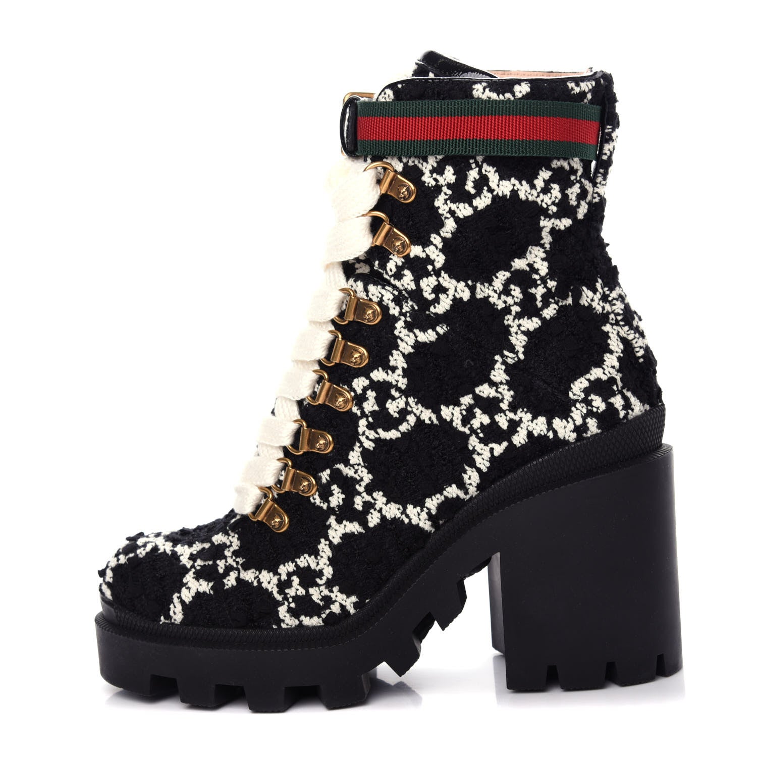 Gucci Tweed GG Monogram Lace Up Combat Ankle Boots 35 Black 1 of 11