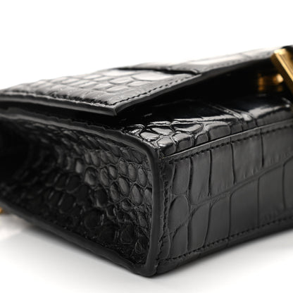 Balenciaga Shiny Calfskin Crocodile Embossed Hourglass Chain Bag Black 7 of 10