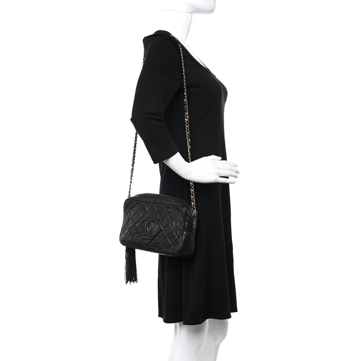 Lambskin Quilted CC Tassel Camera Case Black