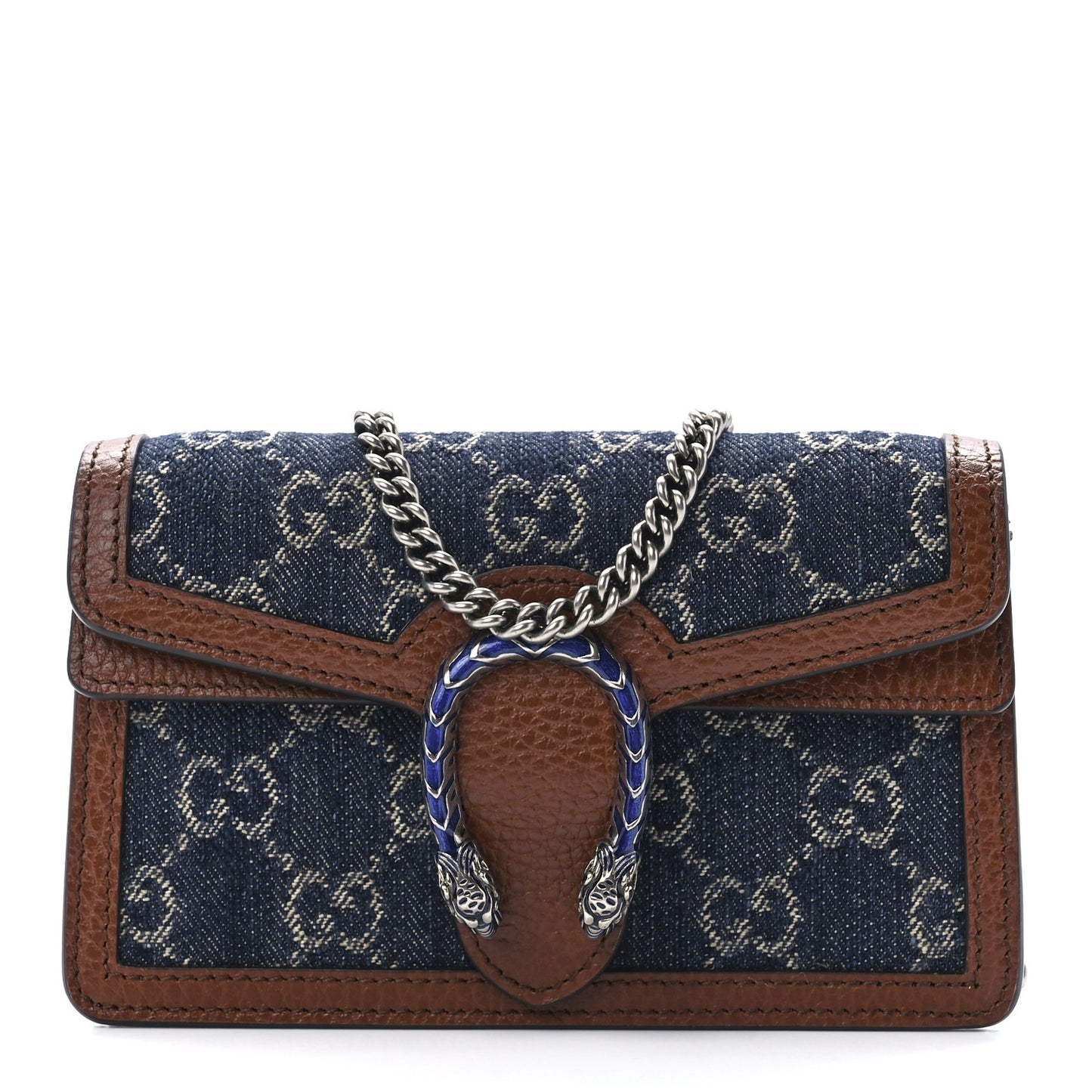 New Denim GG Monogram Dollar Calfskin Enamel Super Mini Dionysus Shoulder Bag Blue Tea Cuir Epilog Electric Blue