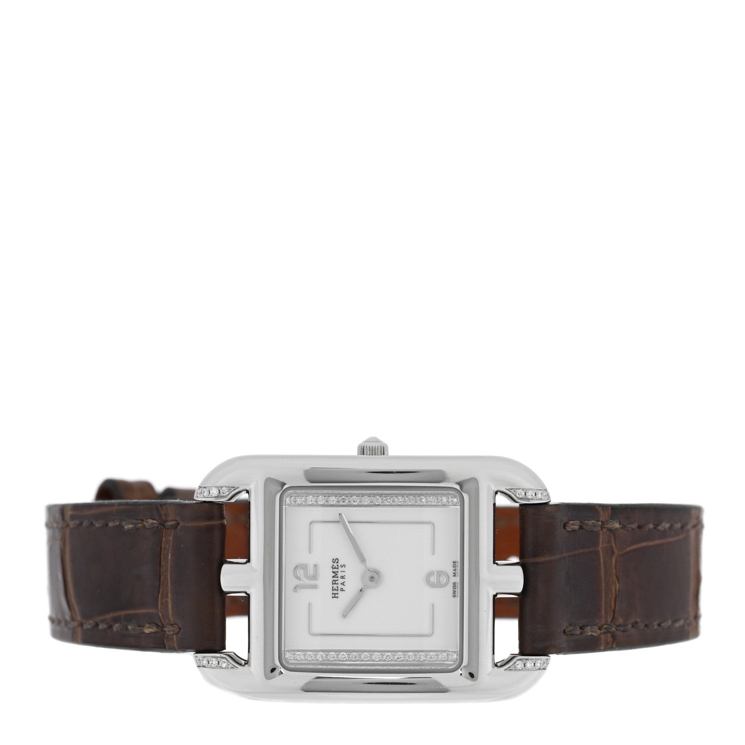 Hermes Stainless Steel Alligator Diamond Pave 23mm Cape Cod Quartz Watch Gris Elephant 2 of 5