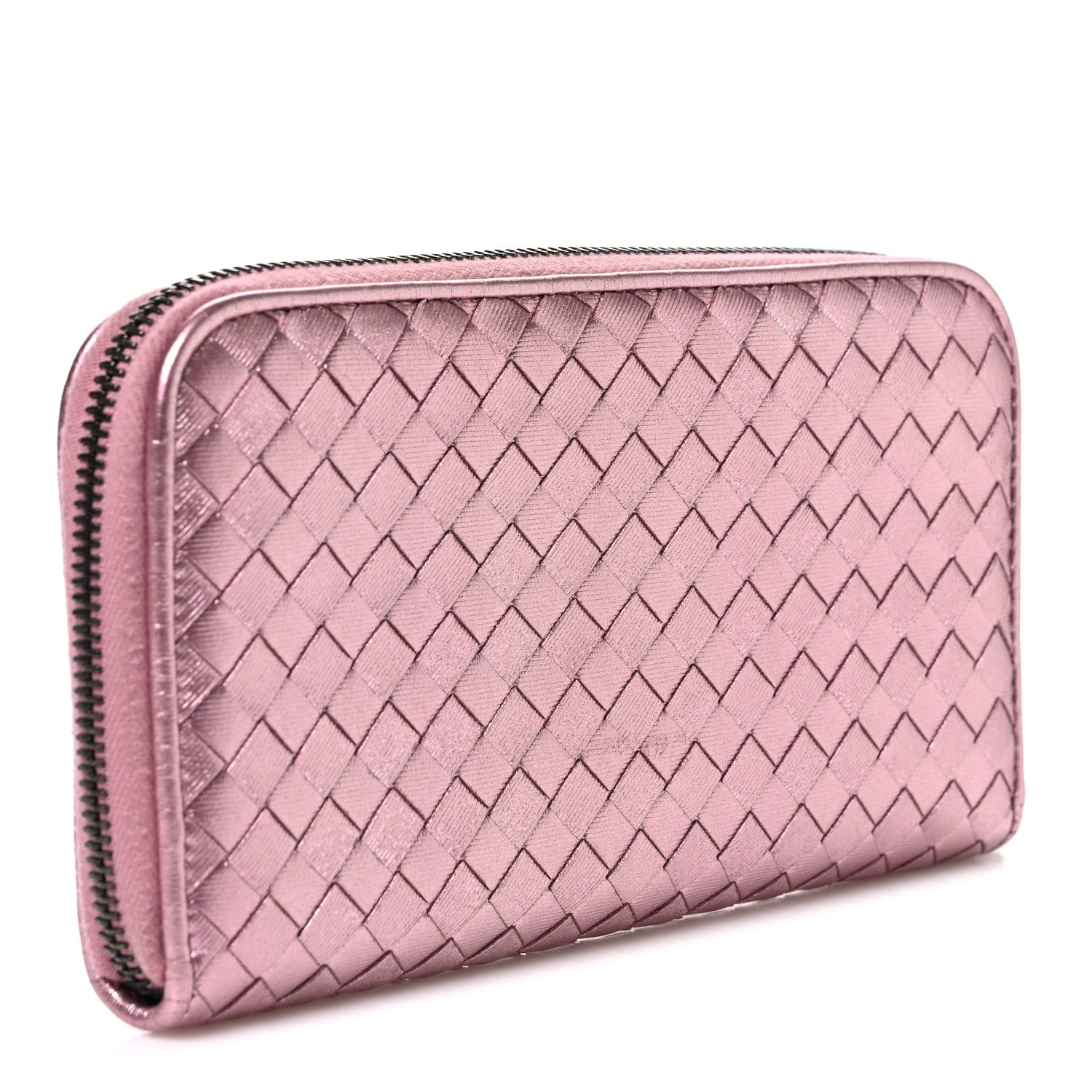 Bottega Veneta Metallic Nappa Intrecciato Zip Around Wallet Pink 3 of 8