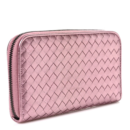 Bottega Veneta Metallic Nappa Intrecciato Zip Around Wallet Pink 3 of 8