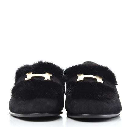 Hermes Mink Fur Suede Goatskin Paris Loafers 35 Black 2 of 10