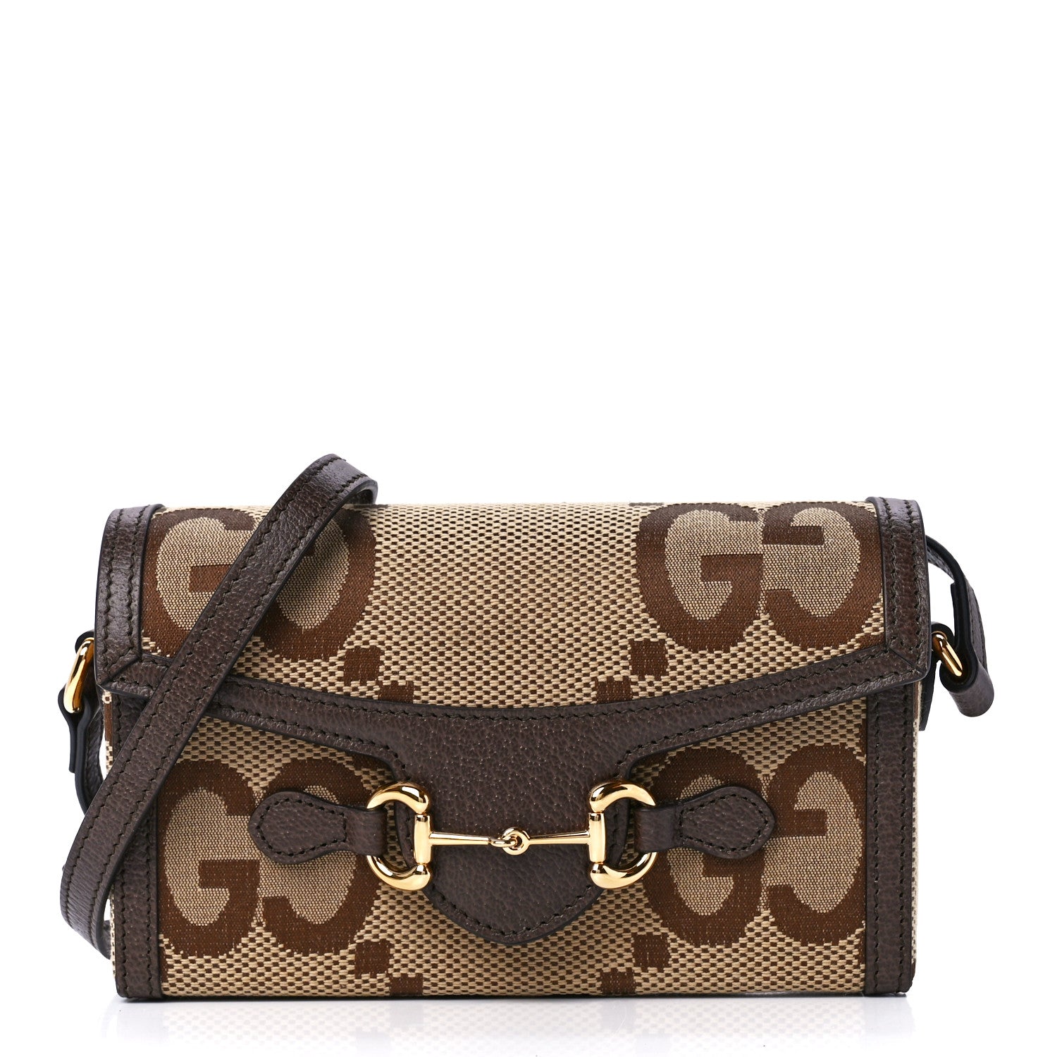 Gucci Monogram Jumbo GG Textured Dollar Calfskin Mini Horsebit 1955 Shoulder Bag Camel Ebony New Acero 1 of 11