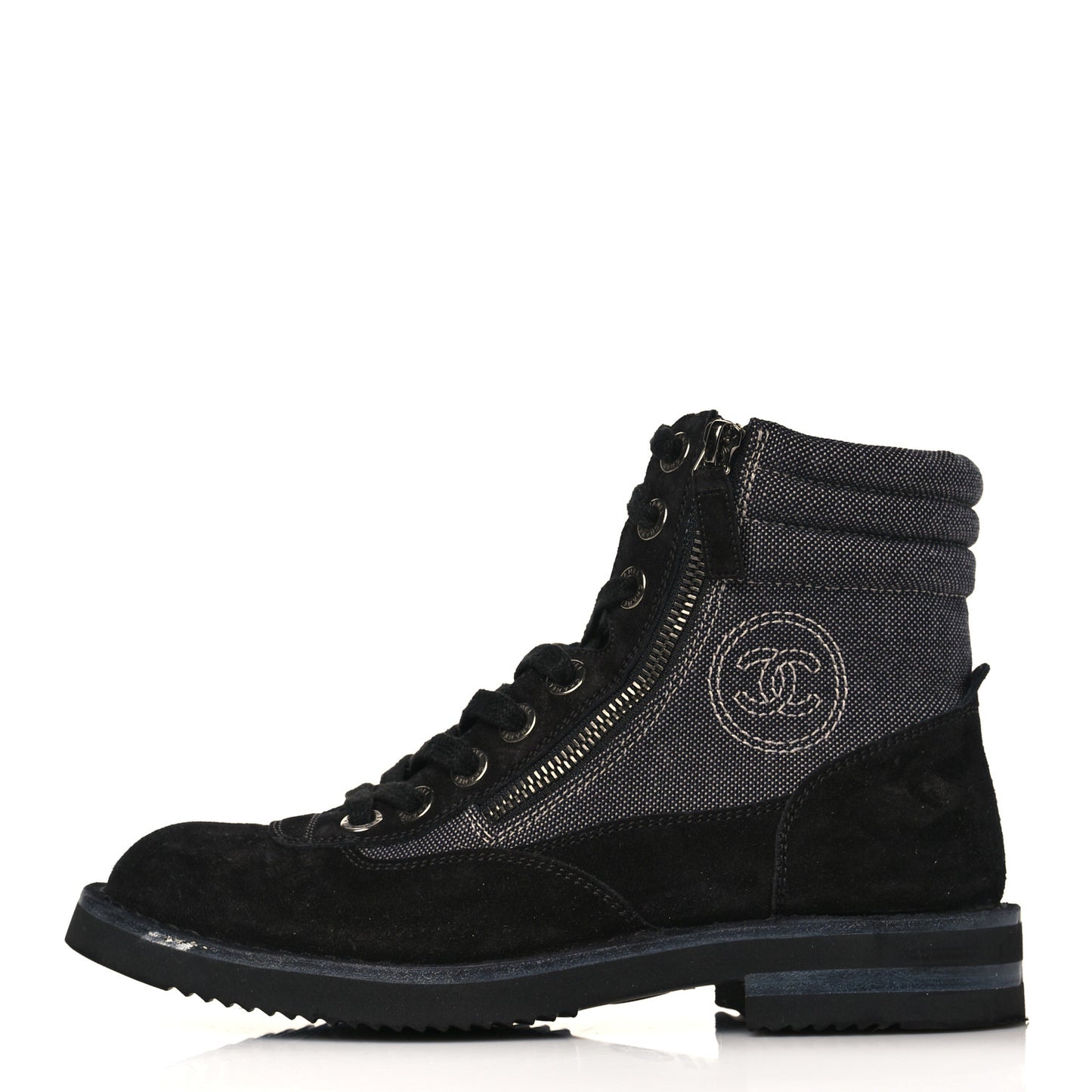 Toile Suede Calfskin CC Lace Up Short Boots 37 Dark Grey