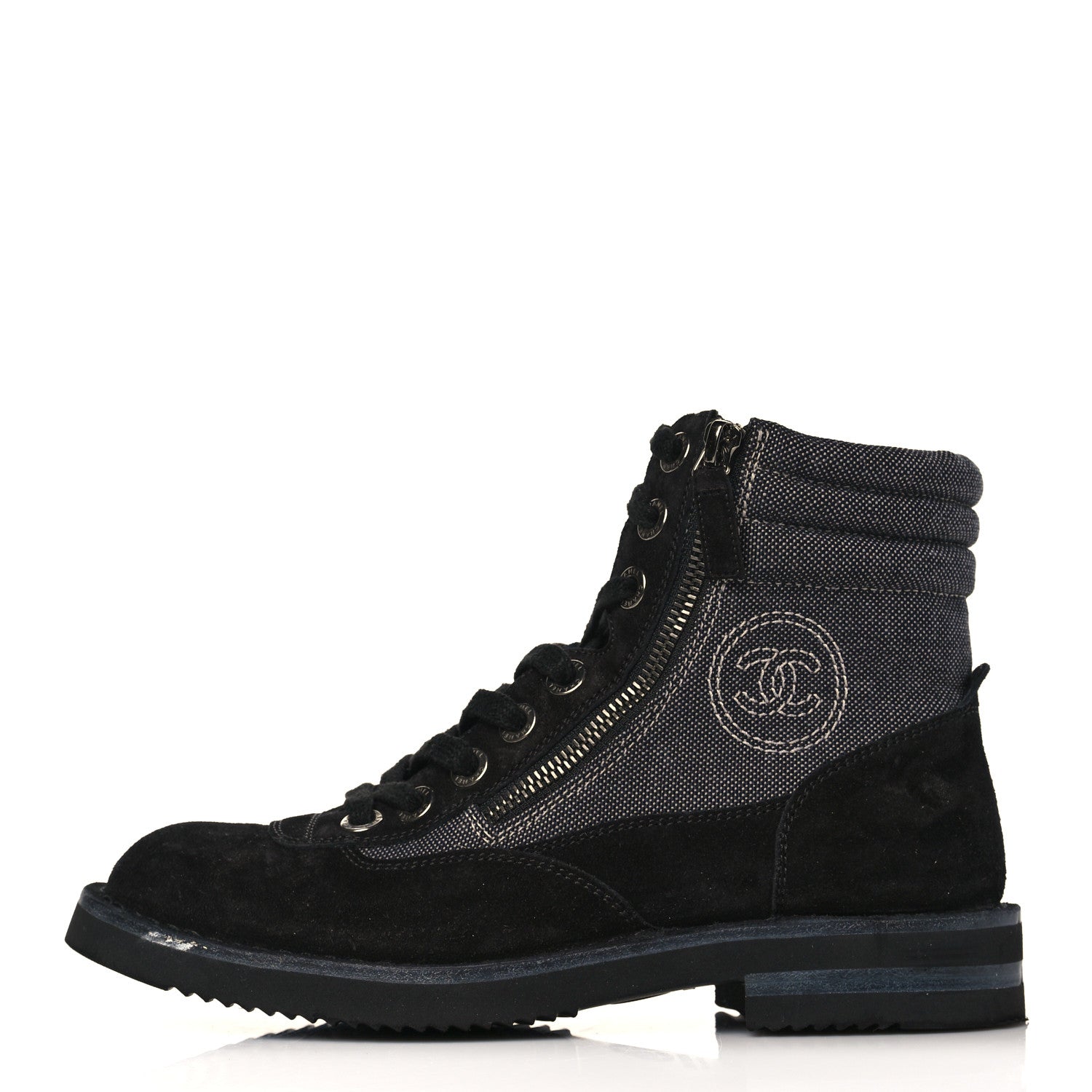 Chanel Toile Suede Calfskin CC Lace Up Short Boots 37 Dark Grey 1 of 10