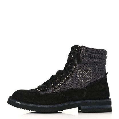 Chanel Toile Suede Calfskin CC Lace Up Short Boots 37 Dark Grey 1 of 10