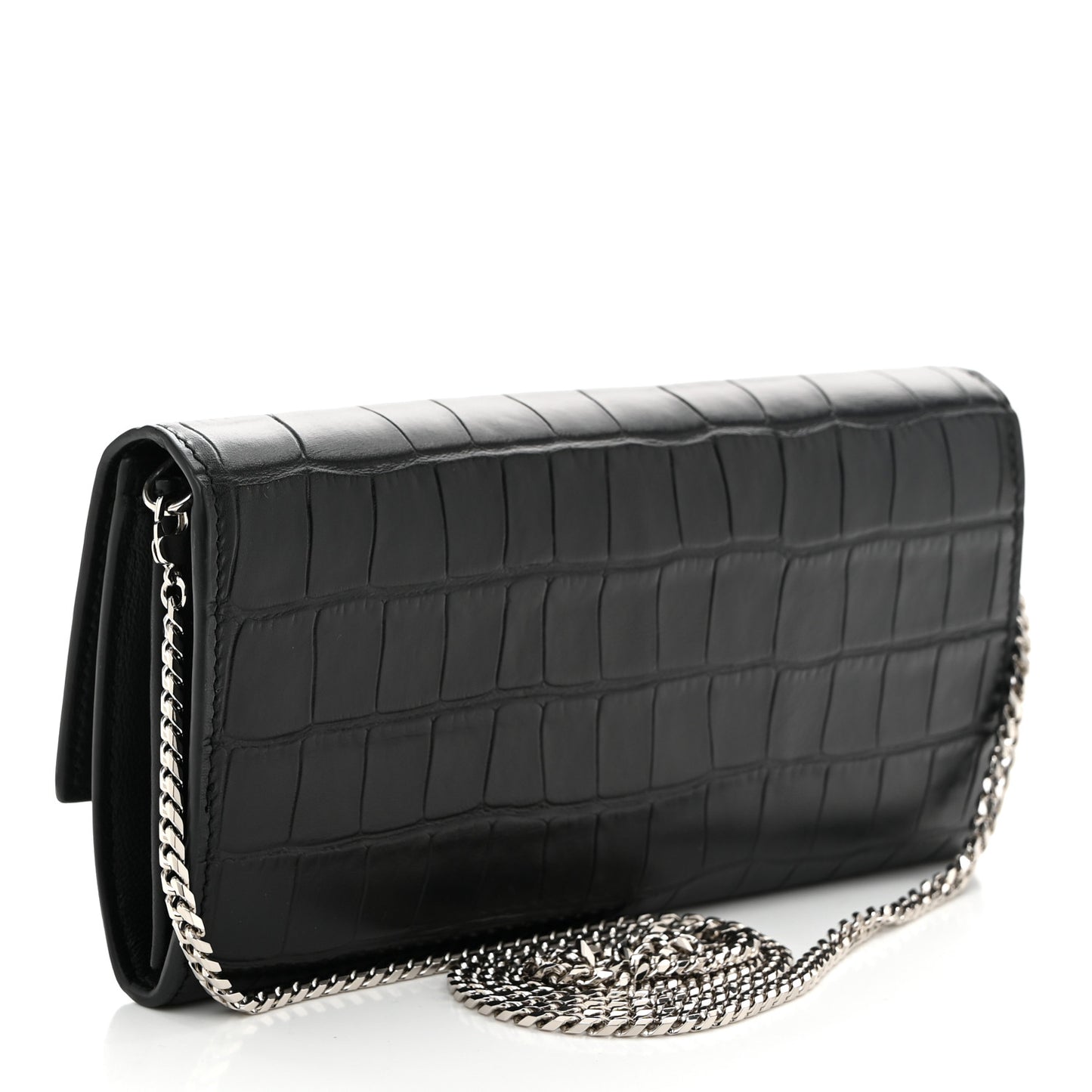 Calfskin Crocodile Embossed Skull Wallet on Chain Black