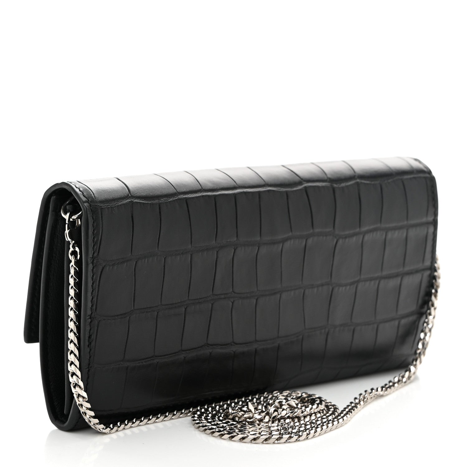 Alexander McQueen Calfskin Crocodile Embossed Skull Wallet on Chain Black 3 of 11